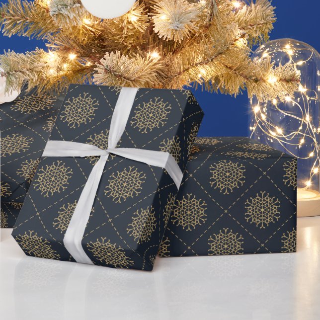 Papel De Regalo Elegantes Copos De Nieve De Oro En Navidades Azule (Vacaciones)