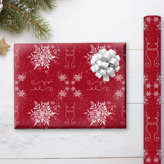 Papel De Regalo Elegantes copos de nieve en rojo rubí (This Elegant Ruby Red and Snowflakes Christmas Wrapping Paper will be beautiful under your tree!)