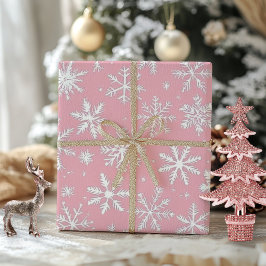 Papel De Regalo Elegantes copos de nieve rosa y blanco