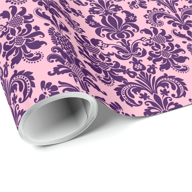 Papel De Regalo Elegantes Damascates Purple Floral Rosa Atrás (Esquina del rollo)