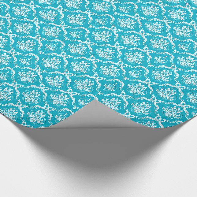 Papel De Regalo Elegantes Damascos De Flores Turquesa Y Crema (Esquina)