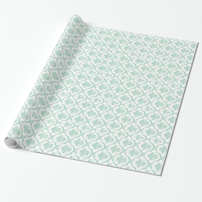 Papel De Regalo Elegantes Damascos florales de color verde-menta y (Desenrollado)