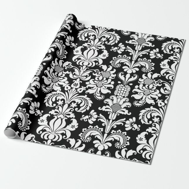 Papel De Regalo Elegantes damasquinadas florales blancas fondo neg (Desenrollado)
