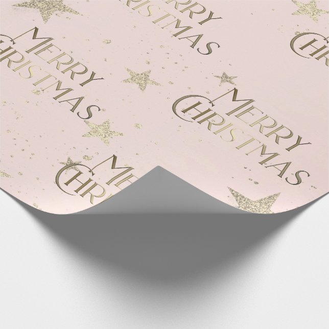 Papel De Regalo Elegantes estrellas de oro Feliz Navidad Rosa (Esquina)