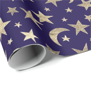 Papel De Regalo Elegantes estrellas doradas Luna de la Marina Azul