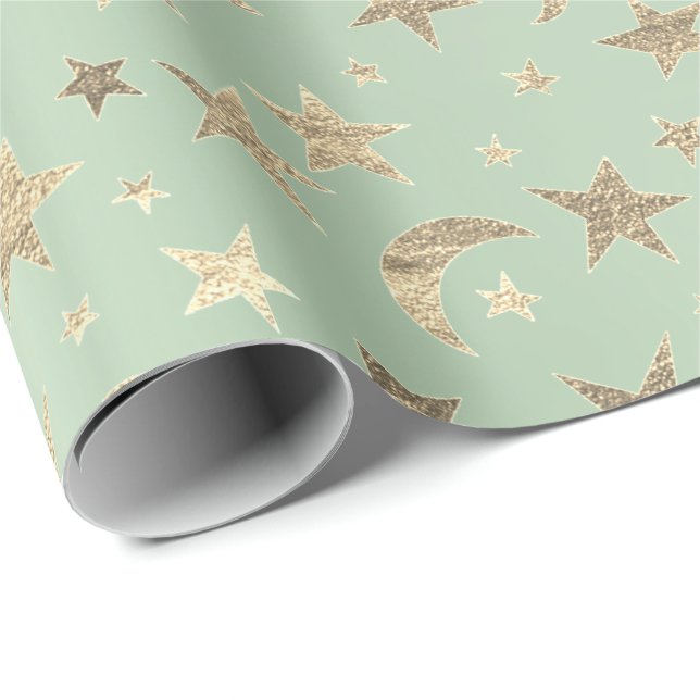 Papel De Regalo Elegantes estrellas doradas Luna Mint Green Champa (Esquina del rollo)