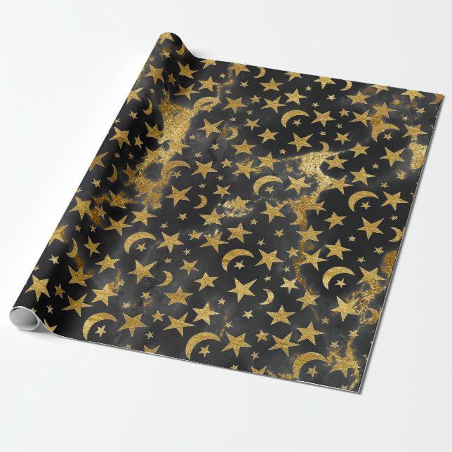 Papel De Regalo Elegantes estrellas doradas y mármol negro lunar (Desenrollado)