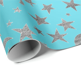 Papel De Regalo Elegantes estrellas plateadas Moon Turquoise Aquam