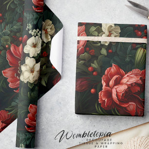 Papel De Regalo Elegantes floraciones en rojo y crema