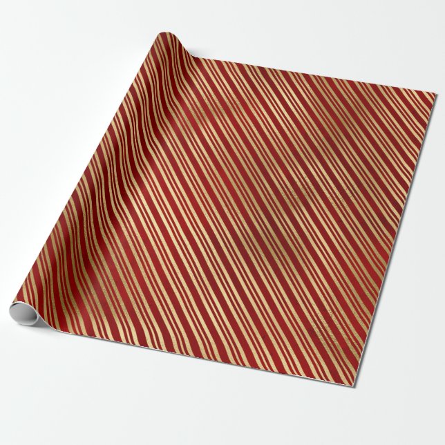 Papel De Regalo Elegantes franjas de Navidades rojos y dorados (Desenrollado)