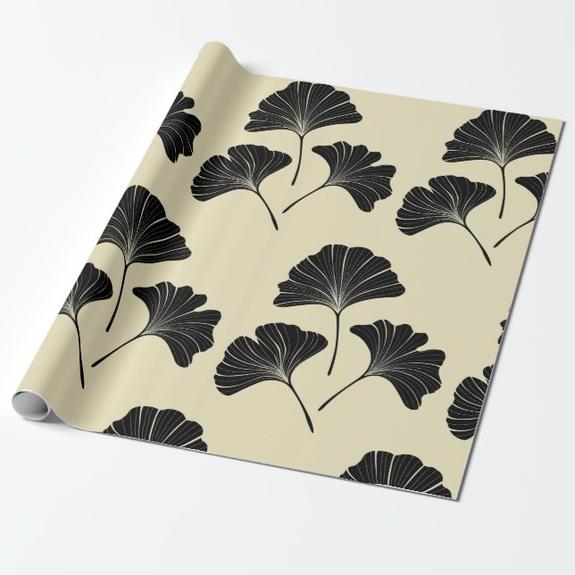Papel De Regalo Elegantes hojas de ginkgo beige negro (Desenrollado)