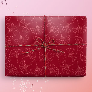 Papel De Regalo Elegantes hojas de Ginkgo japonesas profundas roja
