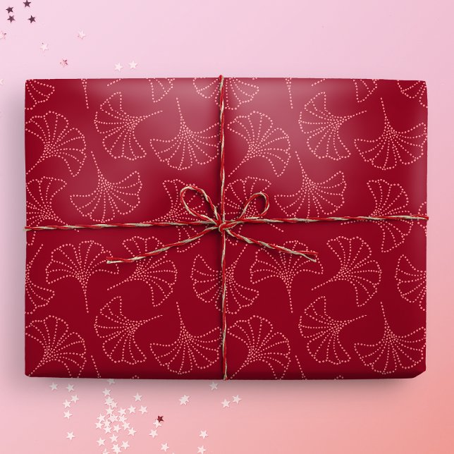 Papel De Regalo Elegantes hojas de Ginkgo japonesas profundas roja (Ginkgo Gift Mockup)