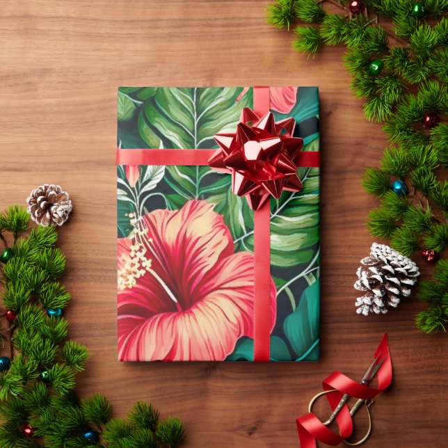 Papel De Regalo Elegantes hojas tropicales y flores hibiscus | (Regalo de vacaciones)