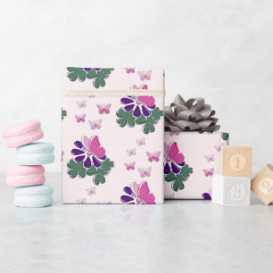 Papel De Regalo Elegantes mariposas rosadas y flores moradas