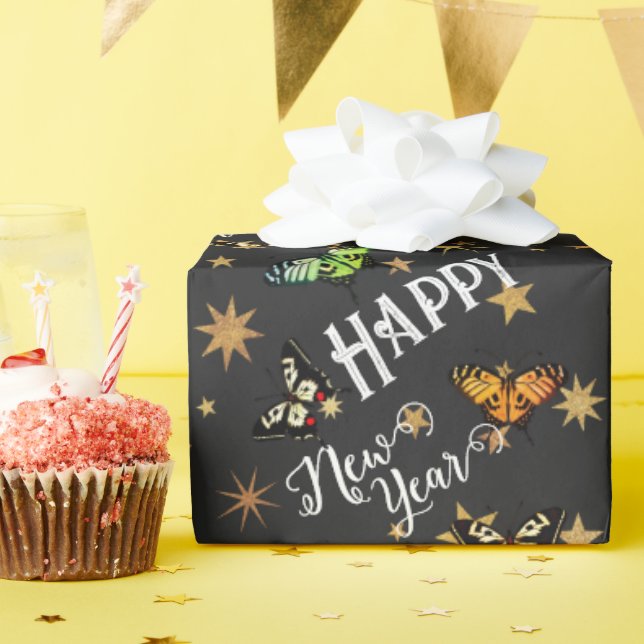 Papel De Regalo Elegantes mariposas y estrellas de época Feliz Año (Fiesta de cumpleaños )