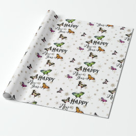 Papel De Regalo Elegantes mariposas y estrellas de época Feliz Año