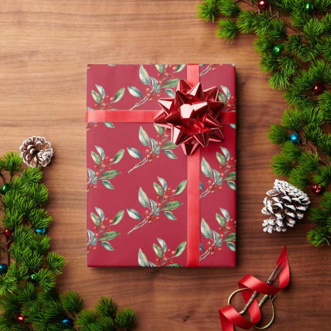 Papel De Regalo Elegantes Navidades acuarela Verde Rojo Botánico (Regalo de vacaciones)