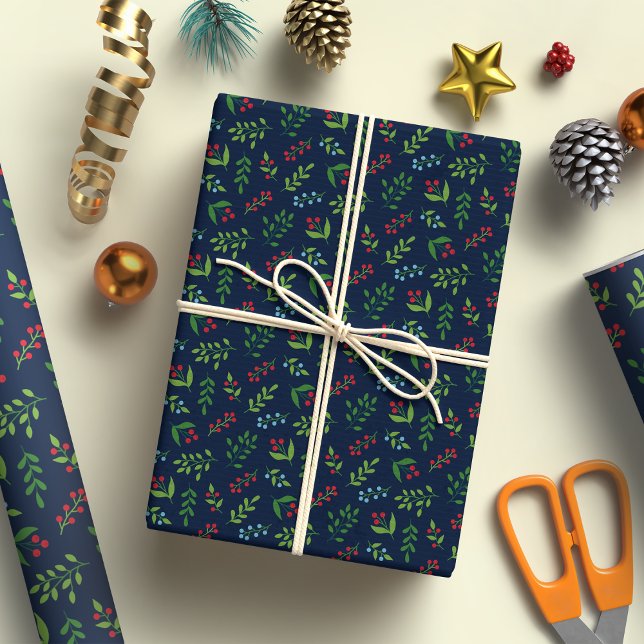 Papel De Regalo Elegantes Navidades Berry y Leaf Pattern Navy Blue (Subido por el creador)