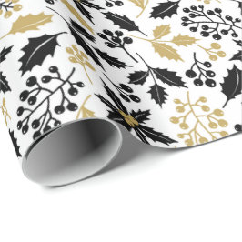 Papel De Regalo Elegantes Navidades Black and Gold Holly Mistletoe