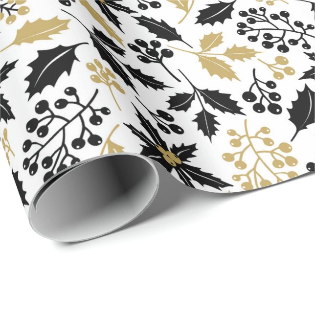 Papel De Regalo Elegantes Navidades Black and Gold Holly Mistletoe (Esquina del rollo)