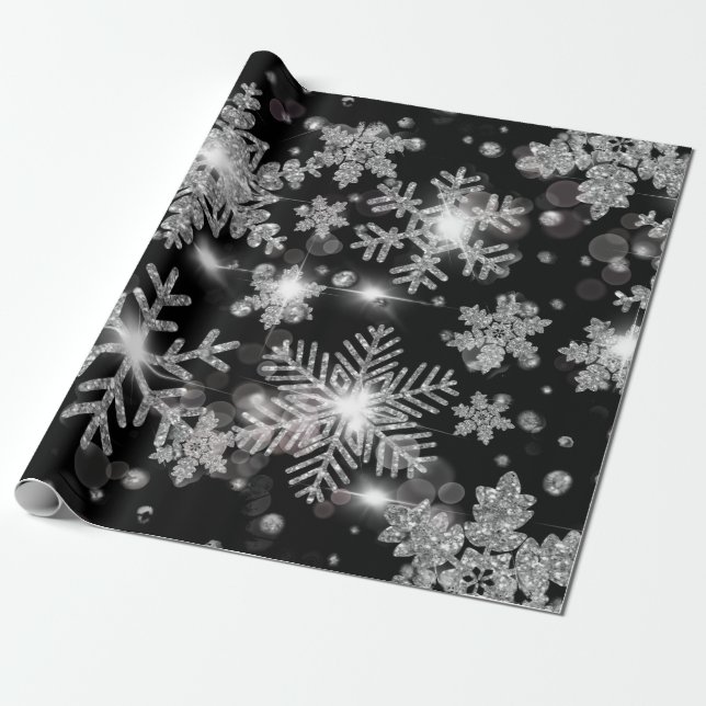Papel De Regalo Elegantes Navidades copos de nieve de plata blanca (Desenrollado)