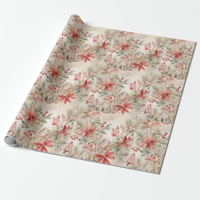 Papel De Regalo Elegantes Navidades de acuarela floral (Desenrollado)