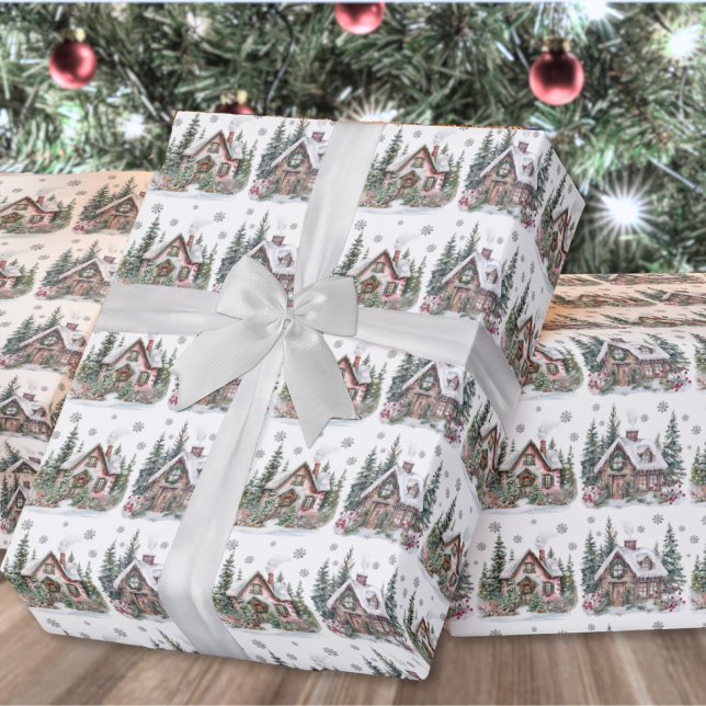 Papel De Regalo Elegantes Navidades de Cabina de Invierno (Elegant Winter Cabin Christmas Wrapping Paper)