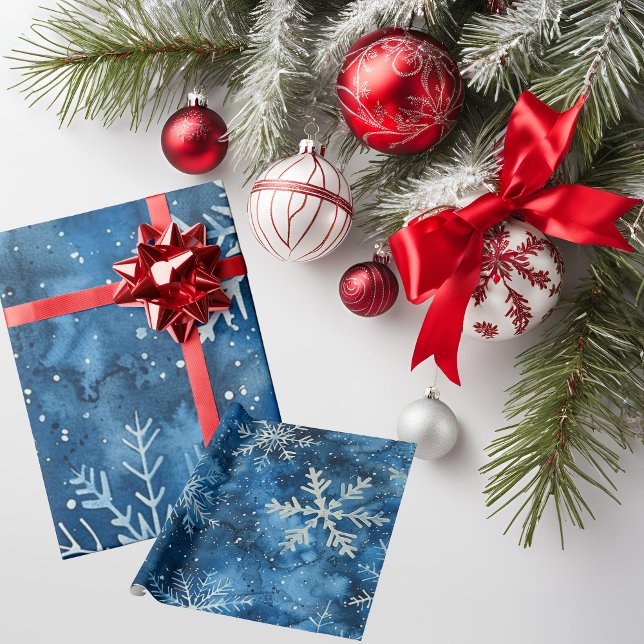 Papel De Regalo Elegantes Navidades de copos de nieve azules (Elegant Blue Snowflakes Christmas Wrapping Paper)