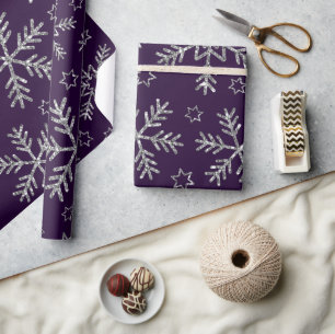 Papel De Regalo Elegantes Navidades de copos de nieve morado y pla