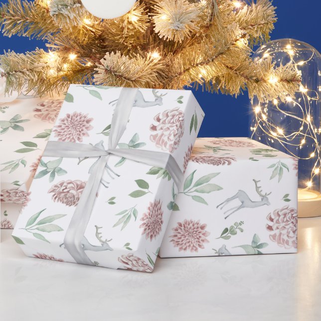 Papel De Regalo Elegantes Navidades de estampado floral con ciervo (Vacaciones)