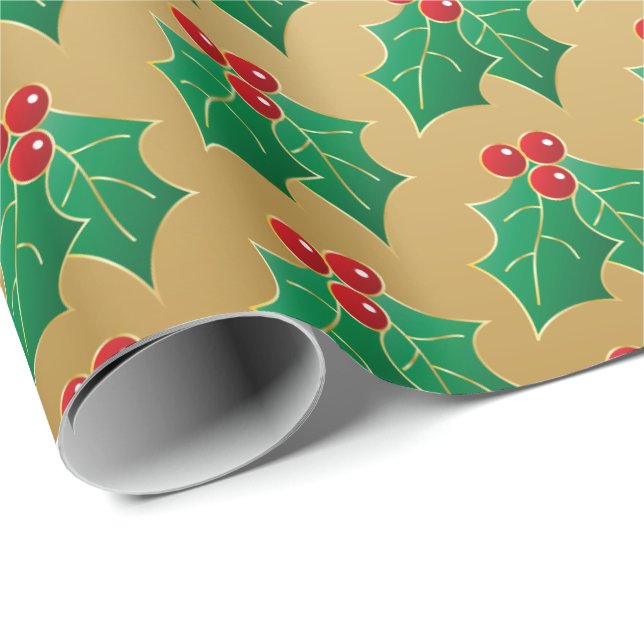 Papel De Regalo Elegantes Navidades de oro Holly Regalo (Esquina del rollo)