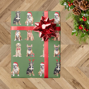 Papel De Regalo Elegantes Navidades de Perro Cachorros Verdes