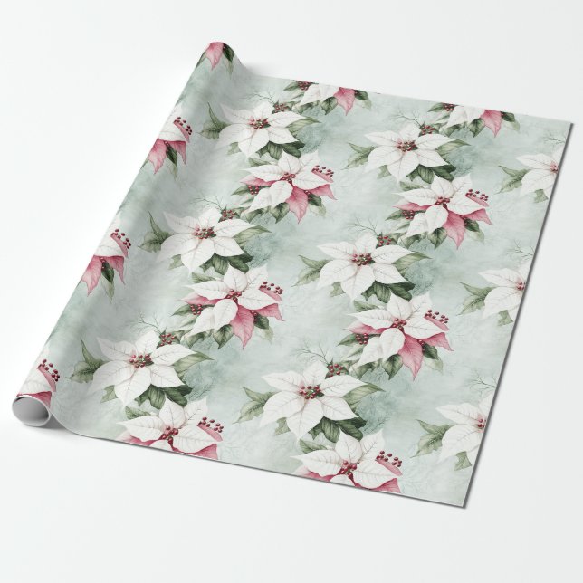 Papel De Regalo Elegantes Navidades de Poinsettias Blancas (Desenrollado)