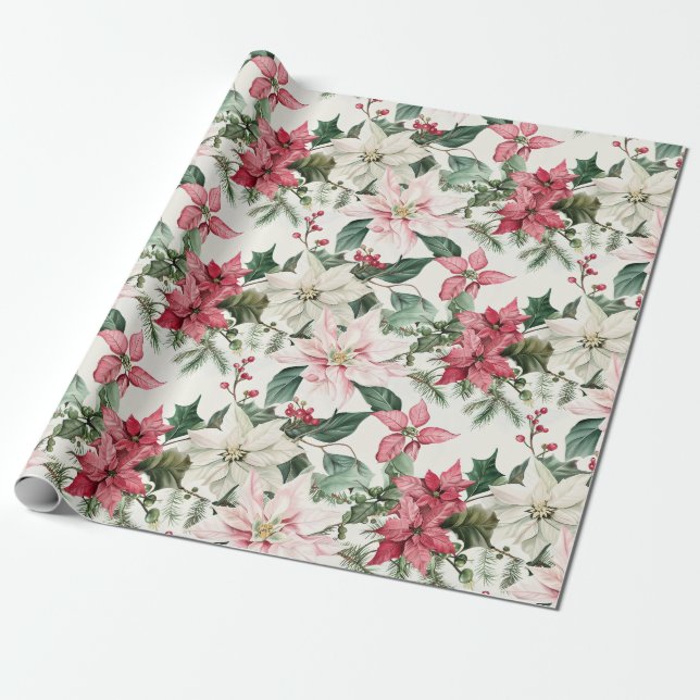 Papel De Regalo Elegantes Navidades de Poinsettias Rosa (Desenrollado)
