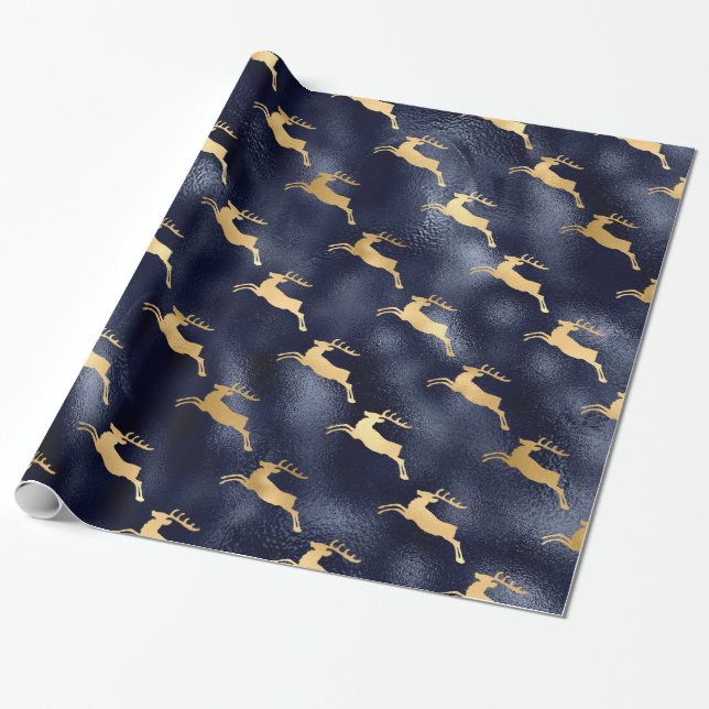 Papel De Regalo Elegantes Navidades de renos dorados (Desenrollado)