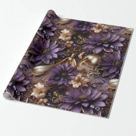 Papel De Regalo Elegantes Navidades dorados y morados de flores bo