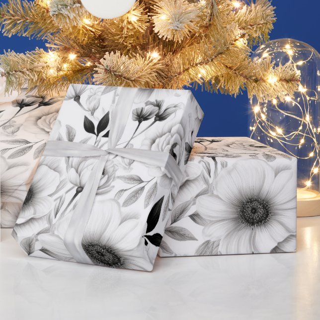 Papel De Regalo Elegantes Navidades florales negros y blancos en i (Vacaciones)