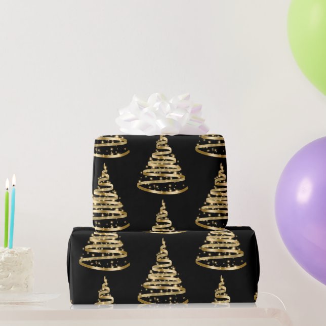 Papel De Regalo Elegantes Navidades Gold y Black Ribbon Tree (Regalos de fiesta)