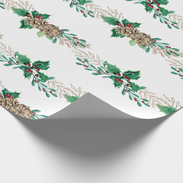 Papel De Regalo Elegantes Navidades Holly Berry Pine Foliage Garla (Esquina)