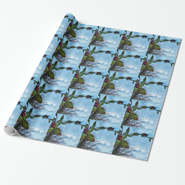 Papel De Regalo Elegantes Navidades Holly, cielo azul (Desenrollado)