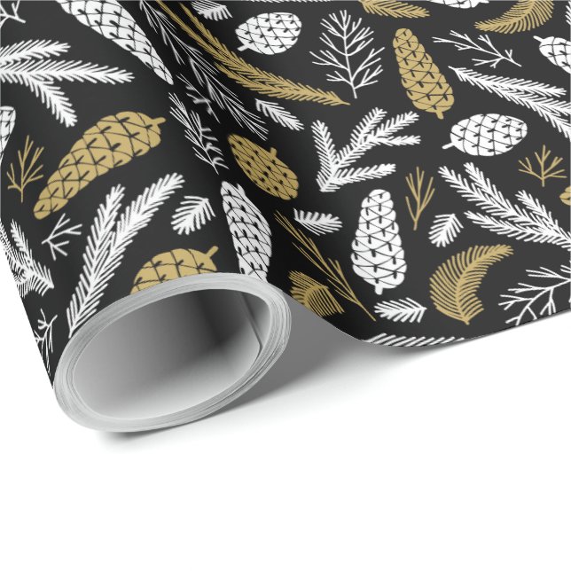 Papel De Regalo Elegantes Navidades Pine Cone Black and Gold (Esquina del rollo)