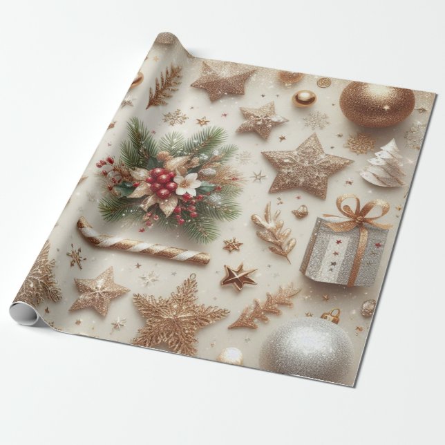 Papel De Regalo Elegantes Navidades Purpurinas de oro (Desenrollado)