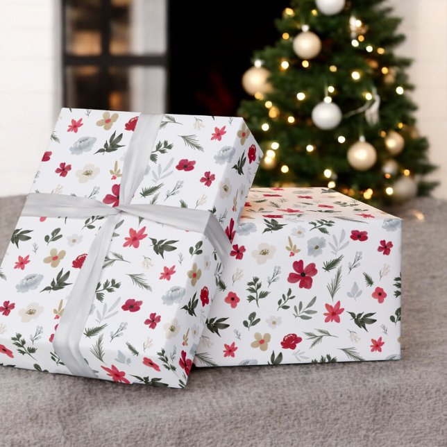 Papel De Regalo Elegantes Navidades Red Green patrón floral (Elegant Christmas Red Green floral pattern Wrapping Paper)