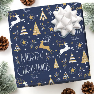Papel De Regalo Elegantes Navidades reno Nombre editable Azul Oro
