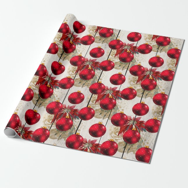 Papel De Regalo Elegantes Navidades rojos con motivos florales (Desenrollado)