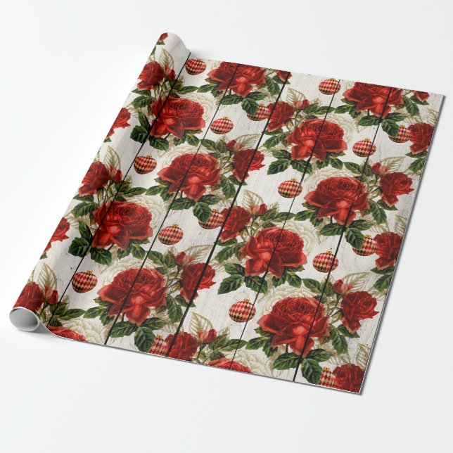 Papel De Regalo Elegantes Navidades rojos con motivos florales (Desenrollado)