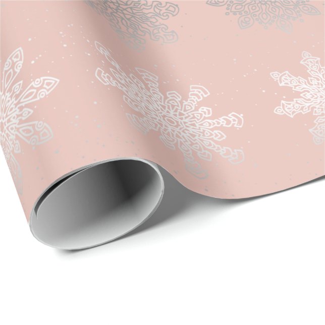 Papel De Regalo Elegantes Navidades rosa de plata de copo de nieve (Esquina del rollo)