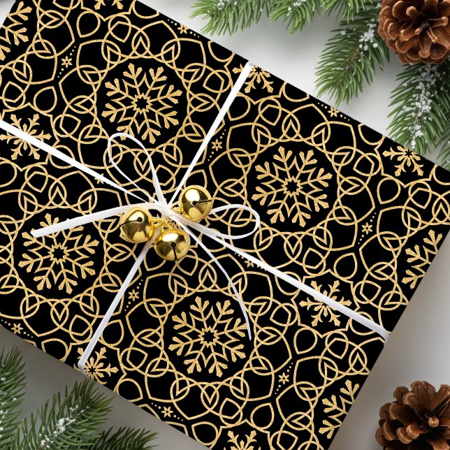 Papel De Regalo Elegantes Navidades Snowflake Faux Gold Black (Subido por el creador)