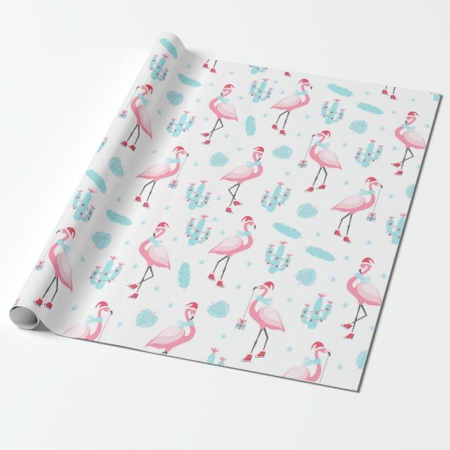 Papel De Regalo Elegantes Navidades tropicales Flamingo Rosa Girly (Desenrollado)